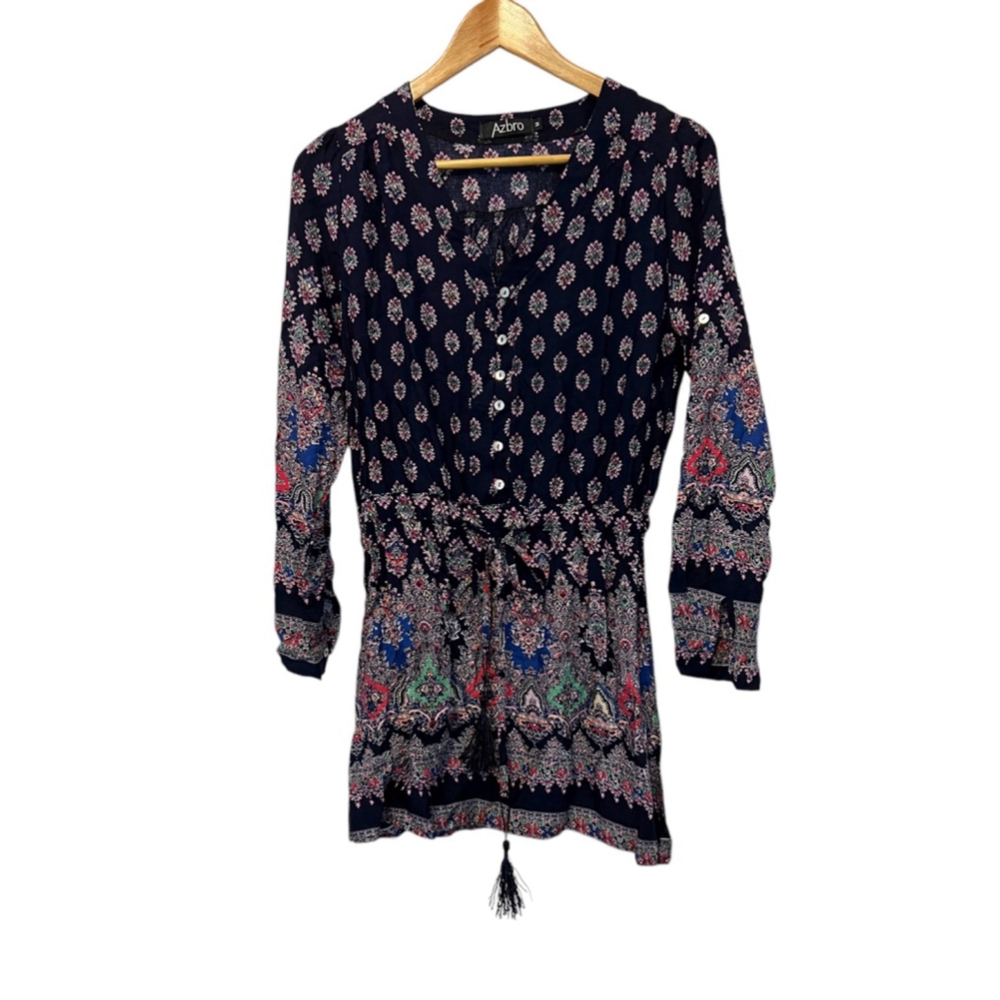 Navy Paisley Print Lightweight Long Sleeve Drawstring Waist Short Casual Dress M